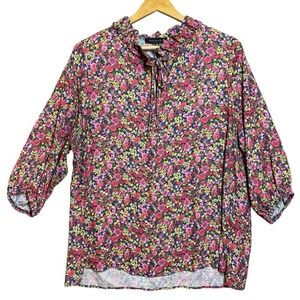 Ryan Wylde Women 2X Floral Blouse Ruffle Tie Neck Balloon Sleeve Cottagecore